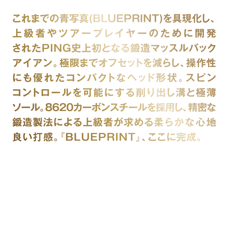 これまでの青写真(BLUEPRINT)を具現化し、上級者やツアープレーヤーのために開発されたPING史上初となる鍛造マッスルバックアイアン。極限までオフセットを減らし、操作性にも優れたコンパクトなヘッド形状。スピンコントロールを可能にする削り出し溝と極薄ソール。8620カーボンスチールを採用し、精密な鍛造製法による上級者が求める柔らかな心地良い打感。『BLUEPRINT』ここに完成。